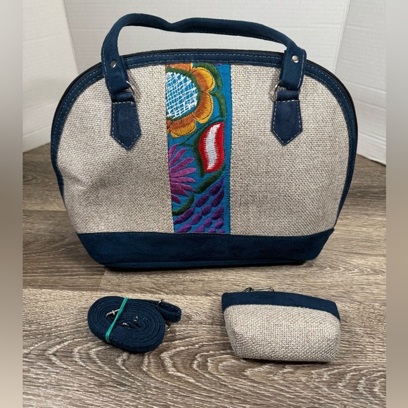 Guatemalan Handmade Purse Satchel Suede & Linen Floral Embroidered Boho Aztec - Picture 1 of 9